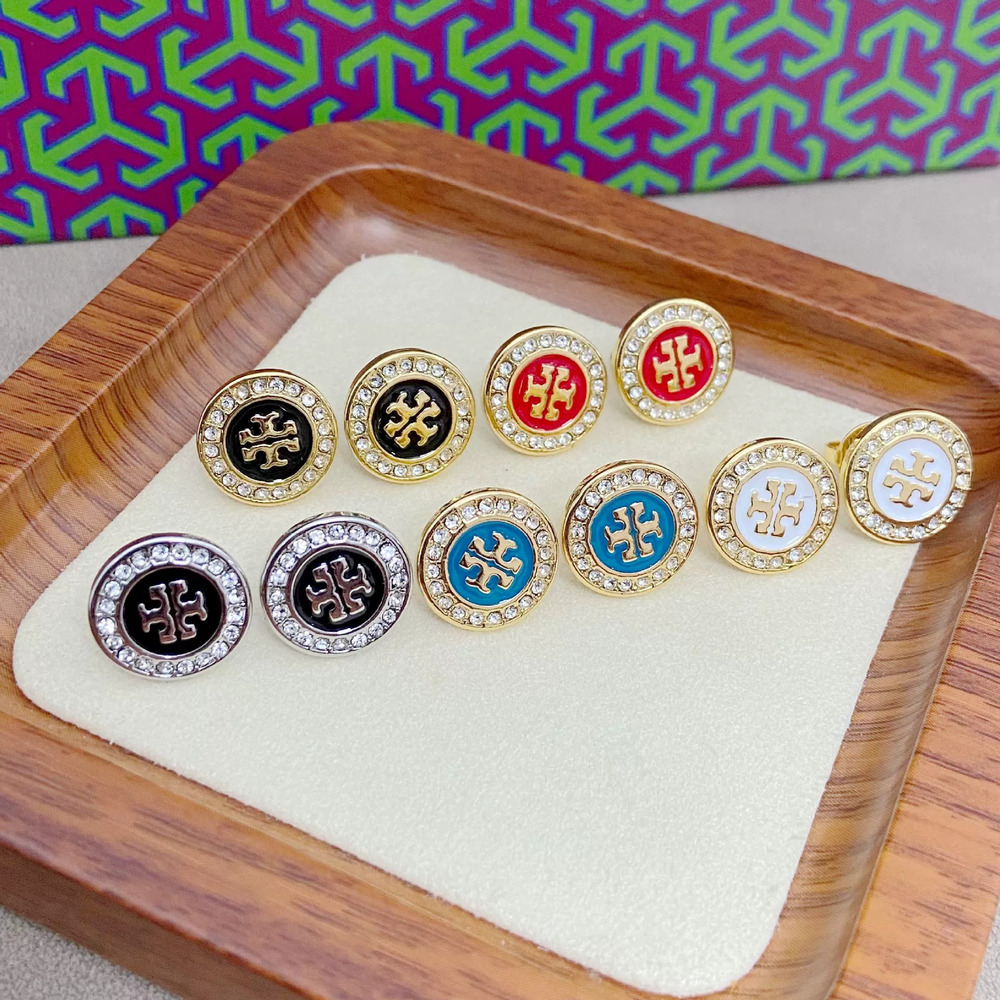 Tory Burch Rhinestone Letter Geometric Stud Earrings